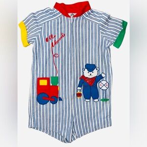 Vintage Striped Blue and White Kids One Piece with Bear Train Design 24 months